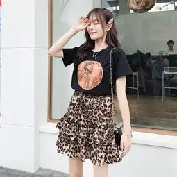 洋气印花短袖t恤套装女时髦高腰豹纹半身短裙两件套