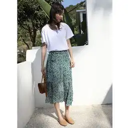 实拍2019夏季的小绿清爽碎花荷叶花边高腰半身裙显瘦淑女百搭半身长裙女