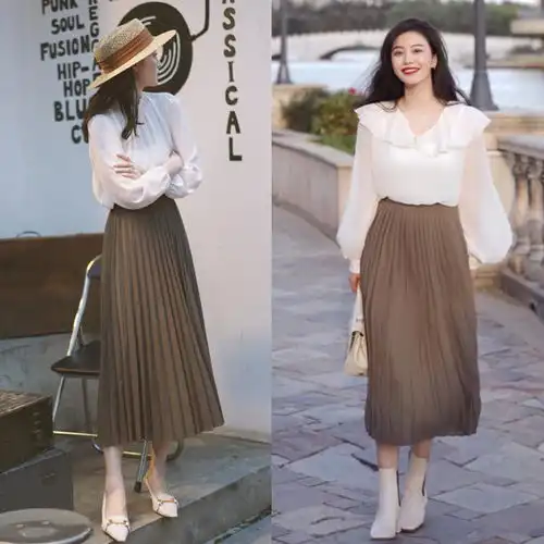 半身长裙低跟鞋,小个子女生这样穿,显高优雅,很有女人味